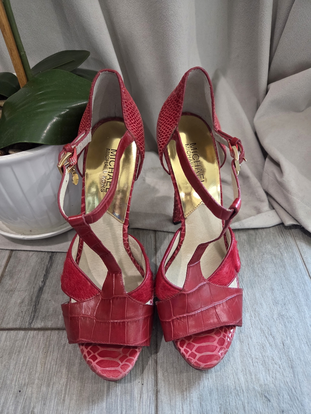 Michael Kors Red Croc-Embossed T-Strap High Heel Sandals